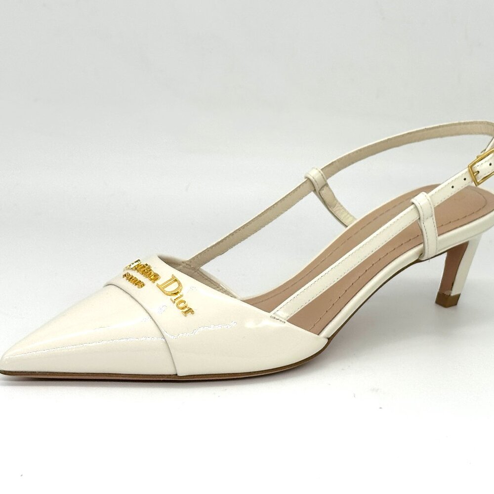 DIOR MY 50 Patent Leather Slingback Sandals Kitten Heels Pumps Shoes Ivory - Picture 6 of 16